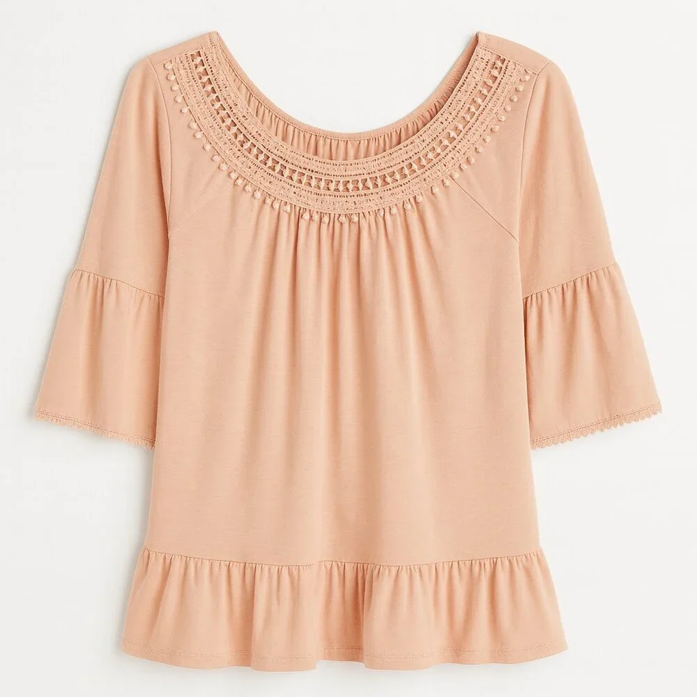 WinWin Peach Crochet Accent Blouse 3/4 Bell Sleeve L-X - Picture 1 of 5